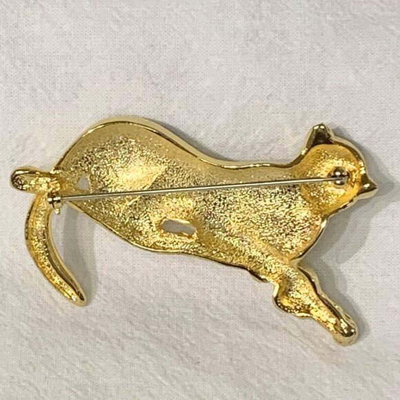 VTG 80s Panther Leopard Brooch Pin Gold Tone Black Enamel Rhinestone Cat Jewelry - Picture 6 of 6